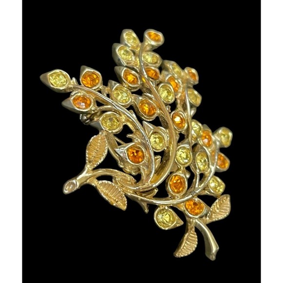 Vintage Estate Signed Coro Flower Brooch Yellow & Amber Rhinestone Mid Century - Picture 7 of 8